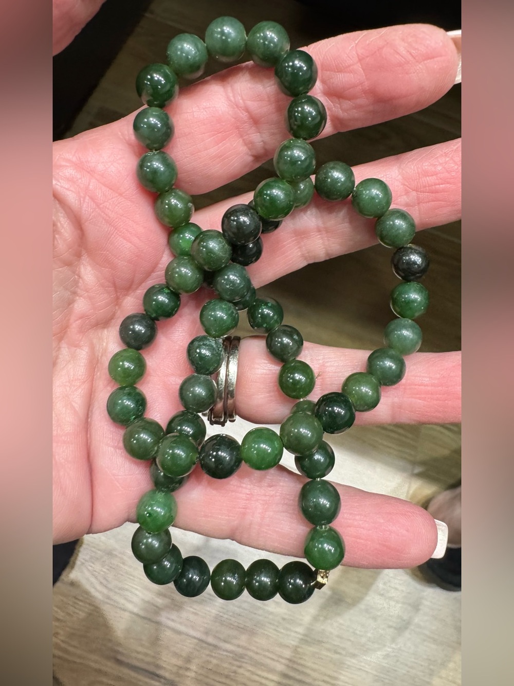Green Jade Bead Necklace W/ Gold Filled Clasp